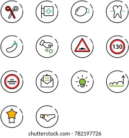 line vector icon set - santa stick vector, first aid room, lemon, tooth, eggplant, investment, artificial unevenness road sign, speed limit 130, tax peage, opened mail, bulb, growth, star medal