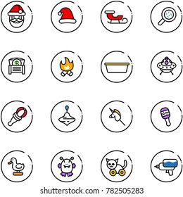 line vector icon set - santa claus vector, christmas hat, sleigh, bacteria, money chest, fire, basin, ufo toy, beanbag, wirligig, unicorn stick, duck, monster, cat, water gun