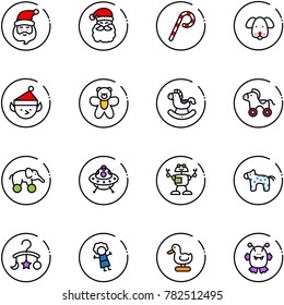 line vector icon set - santa claus vector, lollipop, dog, christmas elf, bear toy, rocking horse, wheel, elephant, ufo, robot, baby carousel, doll, duck, monster