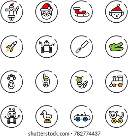 line vector icon set - santa claus vector, sleigh, christmas elf, rocket, robot, rasp, crocodile, beanbag, phone toy, caterpillar, train, duck, car, cat