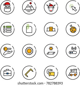 line vector icon set - santa claus vector, mountains, christmas deer hat, cursor, menu, attachment, pedestal, moon flag, key hand, sun, mat, wi fi router, case, staple, machine tool, toy train