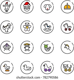 line vector icon set - santa claus vector, dog, crown, dinosaur toy, bear, rocking horse, wheel, ufo, doll, caterpillar, unicorn stick, duck, cat