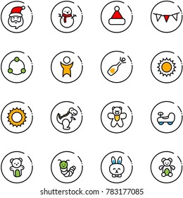 line vector icon set - santa claus vector, snowman, christmas hat, flag garland, community, success, fizz opening, sun, dinosaur toy, bear, baby car, caterpillar, rabbit