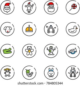line vector icon set - santa claus vector, lollipop, dog, crown, robot, duck toy, crocodile, bear, horn, doll, caterpillar, rabbit