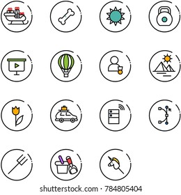 line vector icon set - santa sleigh vector, broken bone, sun, weight, presentation board, air balloon, winner, pyramid, tulip, car baggage, server wireless, bezier, farm fork, shovel bucket