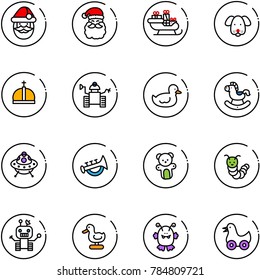 line vector icon set - santa claus vector, sleigh, dog, crown, robot, duck toy, rocking horse, ufo, horn, bear, caterpillar, monster