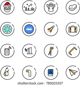 line vector icon set - santa claus vector, christmas landscape, angel, meat, lemon slice, bus road sign, rocket, suitcase, remote control, oil derrick, plumber, staple, winch, allen key, abc book