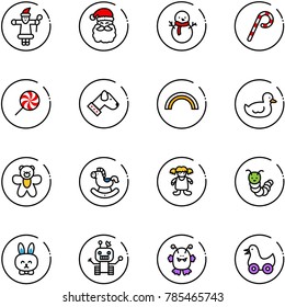 line vector icon set - santa claus vector, snowman, lollipop, dog, rainbow, duck toy, bear, rocking horse, doll, caterpillar, rabbit, robot, monster