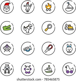 line vector icon set - santa claus vector, fire, sailboat toy, crocodile, dinosaur, beanbag, excavator, ufo, horn, rabbit, robot, monster, boat, duck