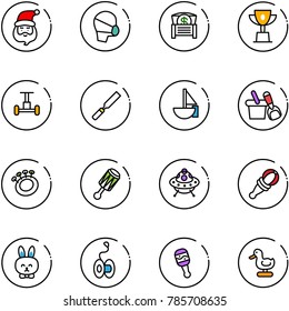 line vector icon set - santa claus vector, medical mask, money chest, win cup, gyroscope, rasp, sailboat toy, shovel bucket, beanbag, ufo, rabbit, yoyo, duck