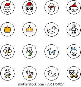 line vector icon set - santa claus vector, snowman, christmas elf, crown, duck toy, robot, bear, horse, rabbit, cat