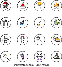 line vector icon set - santa claus vector, christmas hat, win cup, fire, robot, rocket, hoe, beanbag, horse stick toy, excavator, unicorn, monster, boat