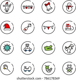 line vector icon set - santa claus vector, garland, bell, snowman, christmas hat, champagne, flag, sleigh gift, sun, car toy, crocodile, dinosaur, horse stick, baby, caterpillar, bear