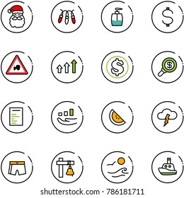 line vector icon set - santa claus vector, garland, liquid soap, dollar, tractor way road sign, arrows up, search money, document, growth, watermelone, storm, swimsuit, ship bell, waves, toy boat