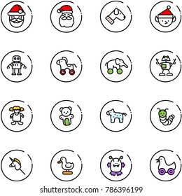 line vector icon set - santa claus vector, dog, christmas elf, robot, wheel horse, elephant, doll, bear toy, caterpillar, unicorn stick, duck, monster