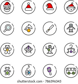 line vector icon set - santa claus vector, christmas hat, elf, bacteria, dolphin, rasp, robot, bear toy, ufo, baby carousel, yoyo, beanbag, bus
