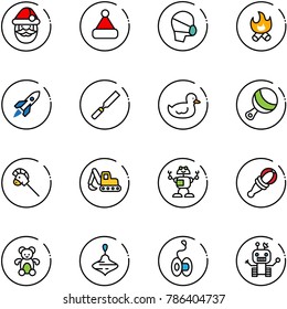 line vector icon set - santa claus vector, christmas hat, medical mask, fire, rocket, rasp, duck toy, beanbag, horse stick, excavator, robot, bear, wirligig, yoyo