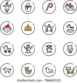 line vector icon set - santa claus vector, snowman, lollipop, sleigh, christmas elf, crown, robot, rocking horse, wheel, doll, bear toy, caterpillar, duck, cat