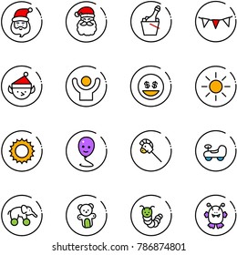 line vector icon set - santa claus vector, champagne, flag garland, christmas elf, success, money smile, sun, balloon, horse stick toy, baby car, elephant wheel, bear, caterpillar, monster