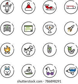 line vector icon set - santa claus vector, christmas hat, sleigh, money chest, schedule, gold cup, rocket, fire, dinosaur toy, phone, caterpillar, rabbit, boat, duck, water gun