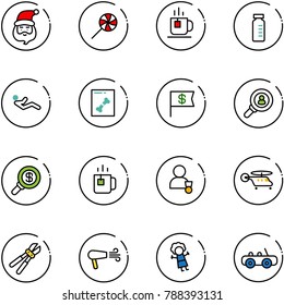 line vector icon set - santa claus vector, lollipop, tea, vial, abdominal muscles, x ray, dollar flag, head hunter, search money, green, winner, helicopter, bolt cutter, dryer, doll, toy car