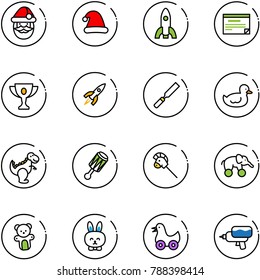 line vector icon set - santa claus vector, christmas hat, rocket, schedule, gold cup, rasp, duck toy, dinosaur, beanbag, horse stick, elephant wheel, bear, rabbit, water gun