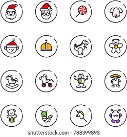 line vector icon set - santa claus vector, lollipop, dog, christmas elf, crown, dinosaur toy, bear, rocking horse, wheel, robot, doll, caterpillar, unicorn stick, monster