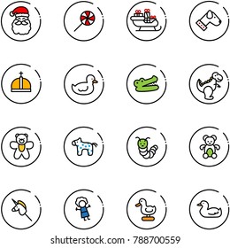 line vector icon set - santa claus vector, lollipop, sleigh, dog, crown, duck toy, crocodile, dinosaur, bear, horse, caterpillar, unicorn stick, doll