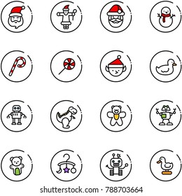 line vector icon set - santa claus vector, snowman, lollipop, christmas elf, duck toy, robot, dinosaur, bear, baby carousel