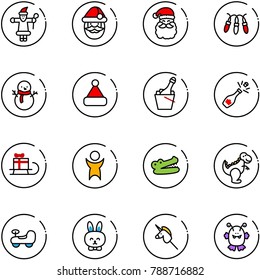 line vector icon set - santa claus vector, garland, snowman, christmas hat, champagne, sleigh gift, success, crocodile, dinosaur toy, baby car, rabbit, unicorn stick, monster