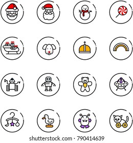 line vector icon set - santa claus vector, snowman, lollipop, sleigh, dog, crown, rainbow, robot, bear toy, ufo, baby carousel, duck, monster, cat