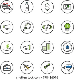 line vector icon set - santa sleigh vector, milk, dollar, credit card, loudspeaker, magnifier, tag code, idea, hand sproute, speaker horn, building, cd, case, paper plane, toy windmill, water gun