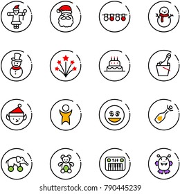 line vector icon set - santa claus vector, garland, snowman, firework, cake, champagne, christmas elf, success, money smile, fizz opening, elephant wheel, bear toy, piano, monster
