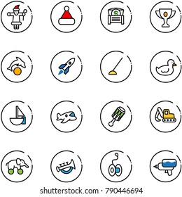 line vector icon set - santa claus vector, christmas hat, money chest, gold cup, dolphin, rocket, hoe, duck toy, sailboat, plane, beanbag, excavator, elephant wheel, horn, yoyo, water gun