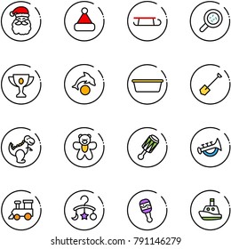 line vector icon set - santa claus vector, christmas hat, sleigh, bacteria, gold cup, dolphin, basin, shovel, dinosaur toy, bear, beanbag, horn, train, baby carousel, boat