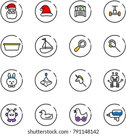 line vector icon set - santa claus vector, christmas hat, money chest, gyroscope, basin, sailboat toy, beanbag, horse stick, rabbit, wirligig, unicorn, robot, monster, duck, water gun