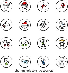 line vector icon set - santa claus vector, snowman, lollipop, dog, christmas elf, robot, rocking horse, wheel, elephant, doll, bear toy
