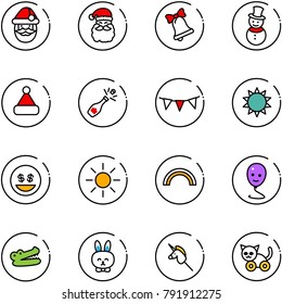 line vector icon set - santa claus vector, bell, snowman, christmas hat, champagne, flag garland, sun, money smile, rainbow, balloon, crocodile, toy rabbit, unicorn stick, cat