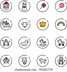 line vector icon set - santa claus vector, snowman, lollipop, sleigh, dog, crown, rainbow, robot, duck toy, rocking horse, wheel, ufo, bear