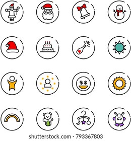 line vector icon set - santa claus vector, bell, snowman, christmas hat, cake, champagne, sun, success, star man, money smile, rainbow, bear toy, baby carousel, monster