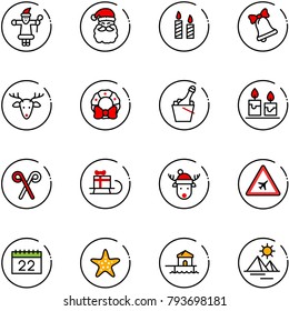 line vector icon set - santa claus vector, candle, bell, christmas deer, wreath, champagne, stick, sleigh gift, hat, airport road sign, calendar, starfish, bungalow, pyramid