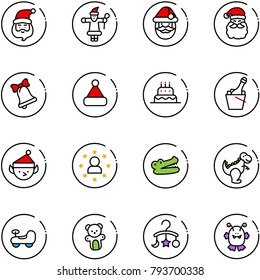 line vector icon set - santa claus vector, bell, christmas hat, cake, champagne, elf, star man, crocodile, dinosaur toy, baby car, bear, carousel, monster