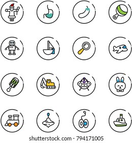 line vector icon set - santa claus vector, stomach, eggplant, beanbag, robot, sailboat toy, plane, excavator, ufo, rabbit, train, wirligig, yoyo, boat