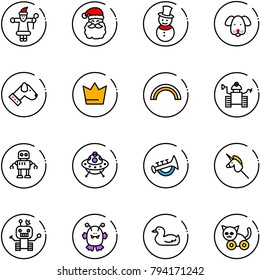 line vector icon set - santa claus vector, snowman, dog, crown, rainbow, robot, ufo toy, horn, unicorn stick, monster, duck, cat