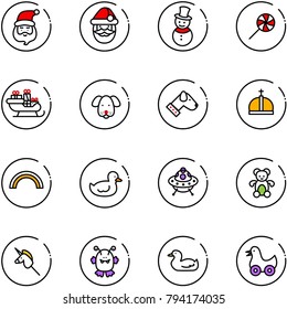line vector icon set - santa claus vector, snowman, lollipop, sleigh, dog, crown, rainbow, duck toy, ufo, bear, unicorn stick, monster