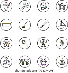 line vector icon set - santa claus vector, bacteria, medical mask, robot, basin, hoe, rasp, sailboat toy, bear, horse stick, phone, baby carousel, bus, monster, boat