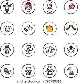line vector icon set - santa claus vector, snowman, lollipop, dog, crown, rainbow, robot, bear toy, elephant wheel, ufo, caterpillar, duck
