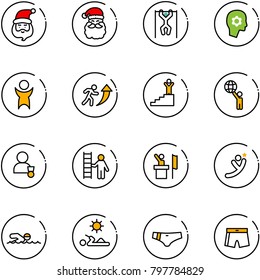 line vector icon set - santa claus vector, pull ups, brain work, success, career, world, winner, opportunity, speaker, flying man, swimming, reading, swimsuit