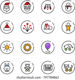 line vector icon set - santa claus vector, garland, snowman, christmas hat, firework, sleigh gift, success, sun, balloon smile, elephant wheel, toy rabbit, bear, piano, cat