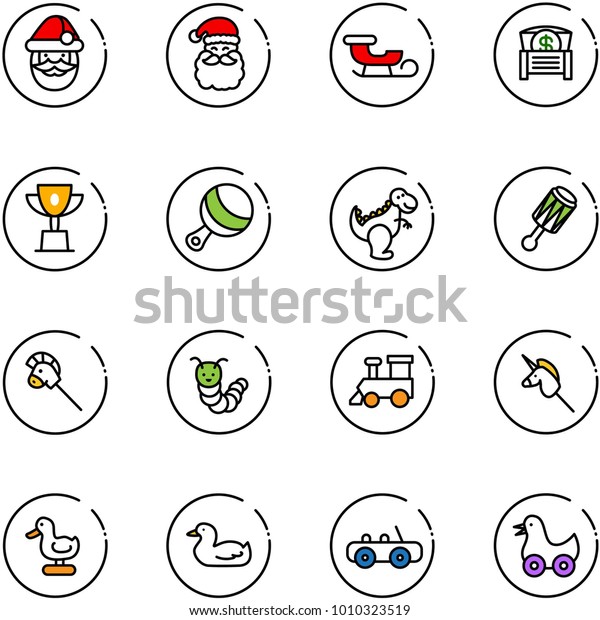line vector icon set - santa claus vector,\
sleigh, money chest, win cup, beanbag, dinosaur toy, horse stick,\
caterpillar, train, unicorn, duck,\
car